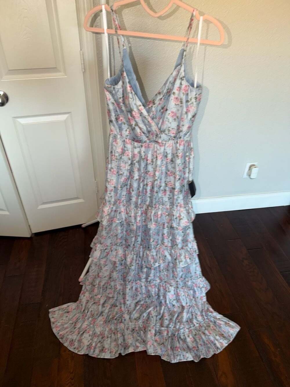 Lulus Maxi Dress Size S Blue Pink Floral Tiered Ruffle Chiffon